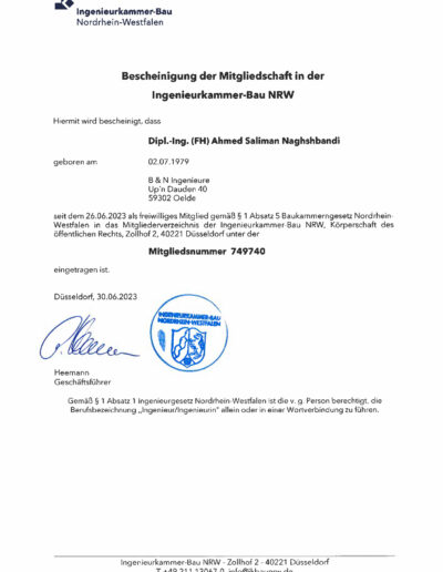 Certificate of membership of the Chamber of Ingenieurkammer-Bau NRW